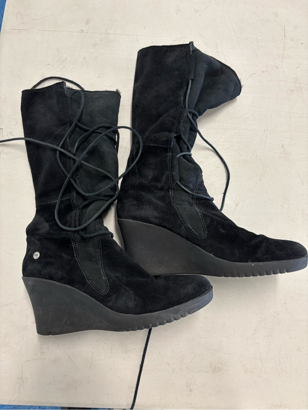 UGG Black Suede Lace-Up Wedge Boots - Picture 1 of 3